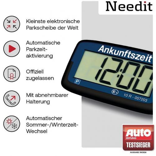 Elektronische Parkscheibe Needit mit Funktionen: automatische Parkzeitaktivierung, abnehmbare Halterung, Sommer-/Winterzeit-Wechsel, offiziell zugelassen, Testsieger.