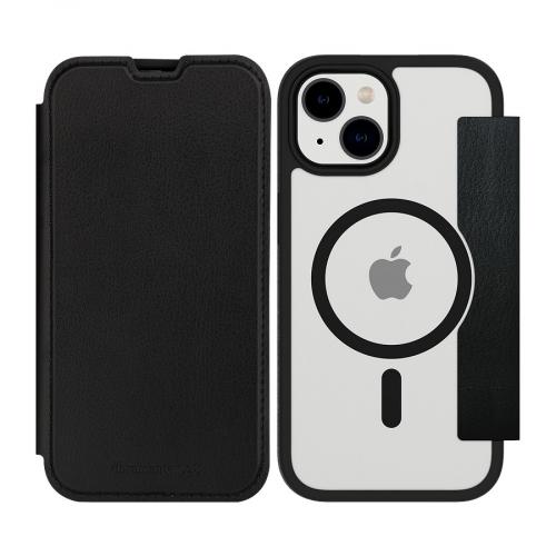 Schwarze Lederhülle für iPhone, geöffnet, mit sichtbarem Kamerabereich und MagSafe-Kreissymbol auf der Rückseite