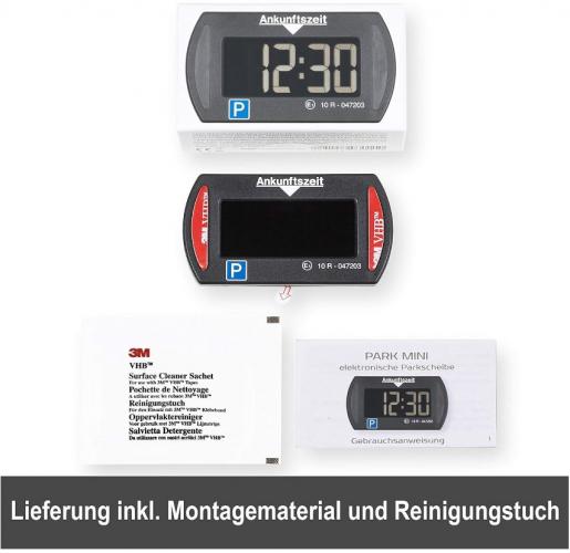 Elektronische Parkscheibe mit Zubehör wie Montagematerial, Reinigungstuch und Anleitung