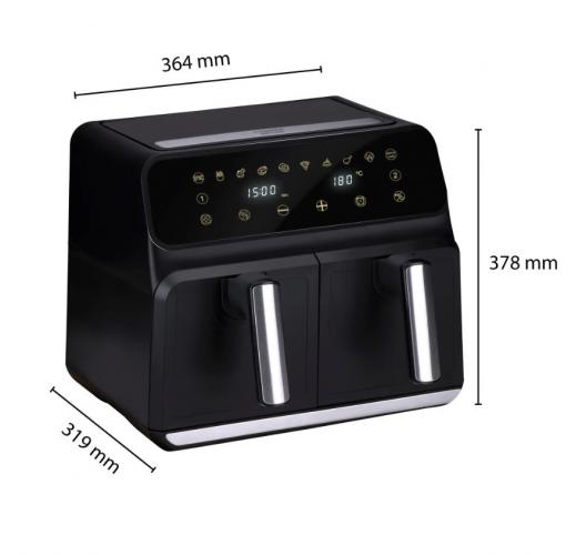 Schwarze Heißluftfritteuse mit zwei großen Griffen und digitalem Display, Maße 364 mm x 319 mm x 378 mm